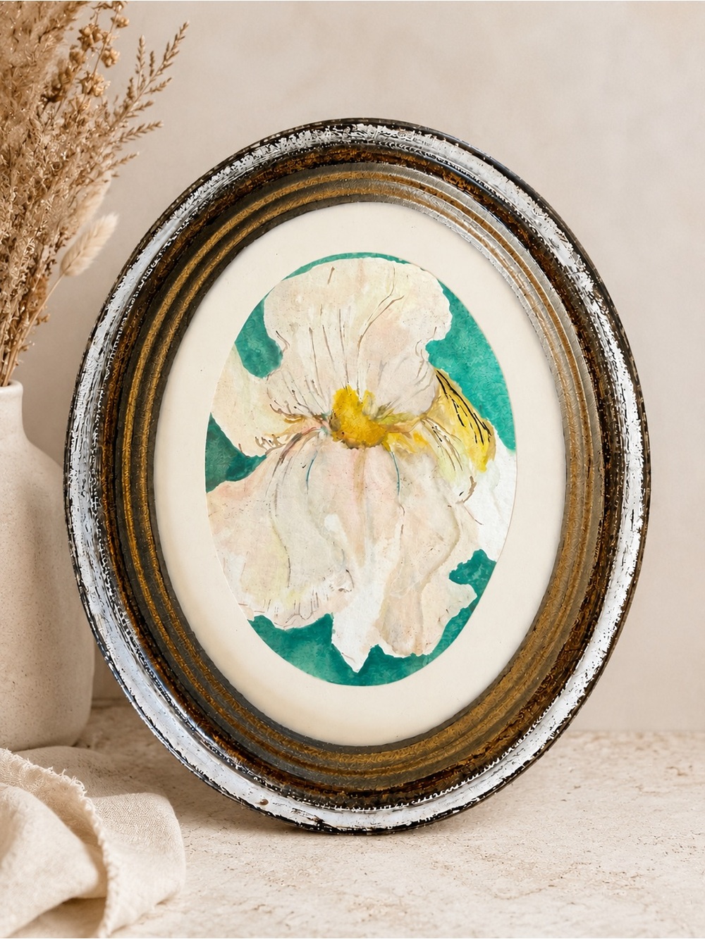 Vintage Oval Floral Watercolor Wall Art Distressed Cottage Frame